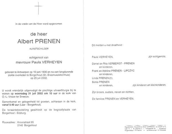 Overlijdensbrief Albert Prenen